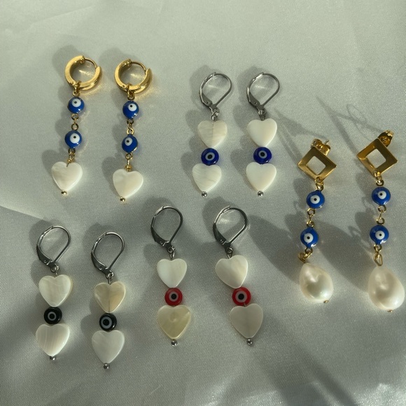 Blue  Evil eye heart shell pearl stainless steel silver pearl earrings - Picture 2 of 3